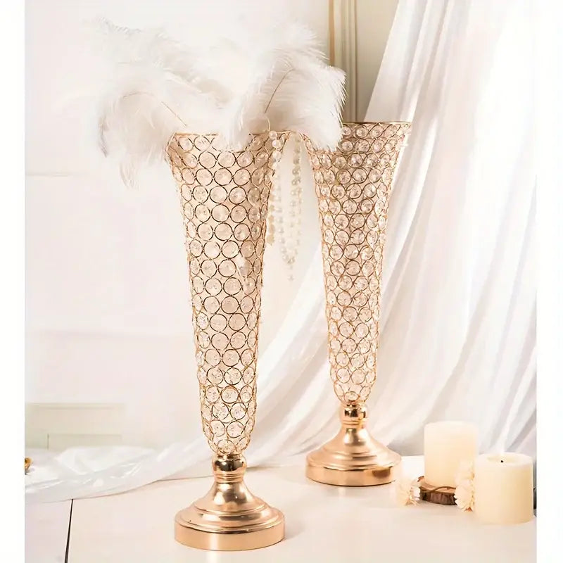 Gold Crystal Encrusted Vase pair, tall champagne finish with circular crystals, Decorbites vases on Tampa Home & Garden Store