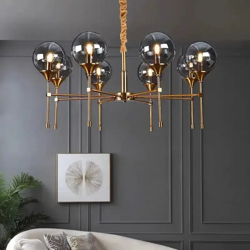 Chandelier Decorbites modern brass fixture with smoked glass globes, 8-light living room on Tampa Home & Garden Store