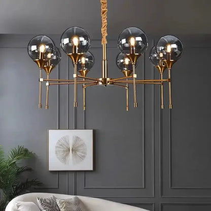 Chandelier Decorbites modern brass fixture with smoked glass globes, 8-light living room on Tampa Home & Garden Store