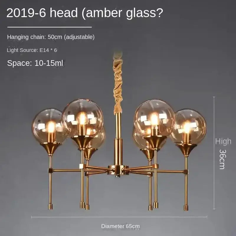 Chandelier Decorbites brass design with six amber smoked glass globes on Tampa Home & Garden Store