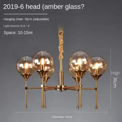 Chandelier Decorbites brass design with six amber smoked glass globes on Tampa Home & Garden Store