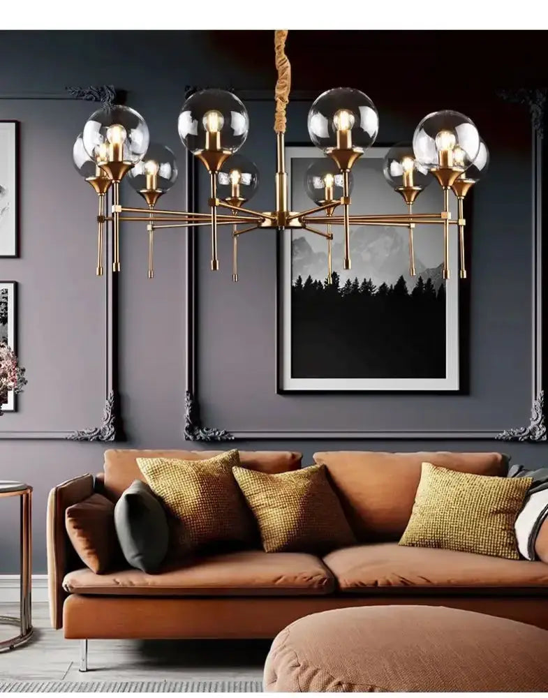 Chandelier modern brass designer metal frame with eight smoked glass globes Decorbites on Tampa Home & Garden Store