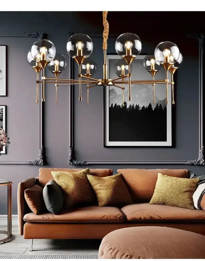 Chandelier modern brass designer metal frame with eight smoked glass globes Decorbites on Tampa Home & Garden Store