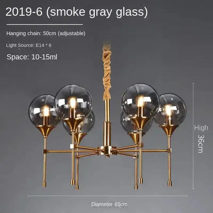 Chandelier brass frame with six smoky gray glass globes by Decorbites living room on Tampa Home & Garden Store