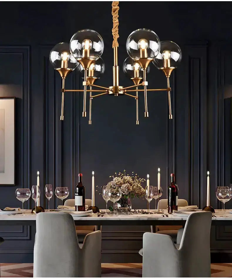 Chandelier modern brass designer metal with smoked glass globes, six-light dining pendant on Tampa Home & Garden Store