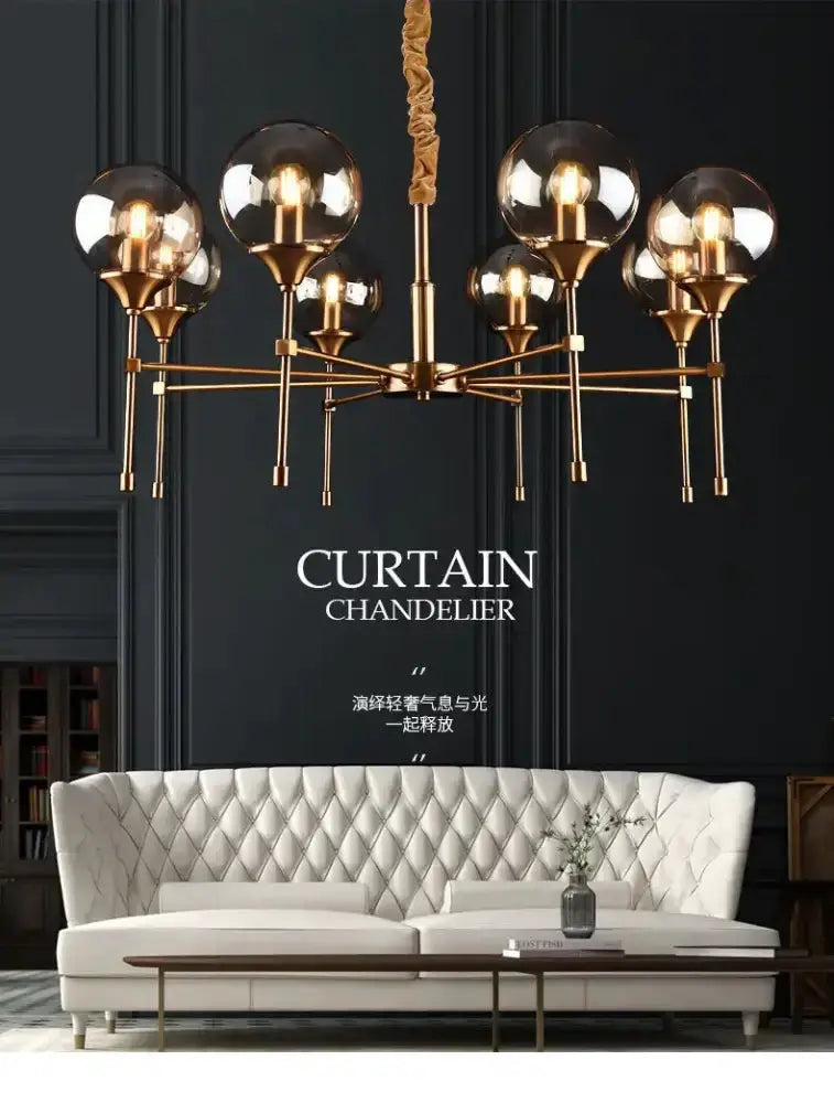 Chandelier modern brass metal with smoked glass globes, multi-arm Decorbites chandelier on Tampa Home & Garden Store