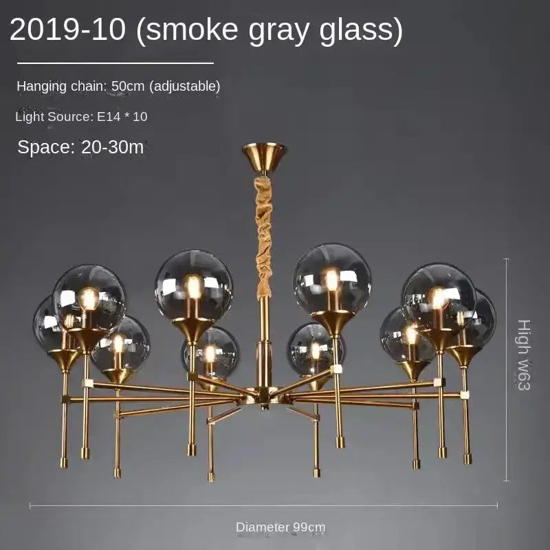 Modern brass designer chandelier with smoked glass globes, Decorbites living room fixture on Tampa Home & Garden Store