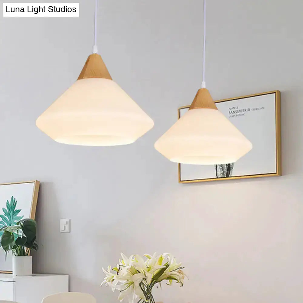 Modernist diamond white glass and wood pendant lights, dining room pair, warm glow Decorbites on Tampa Home & Garden Store