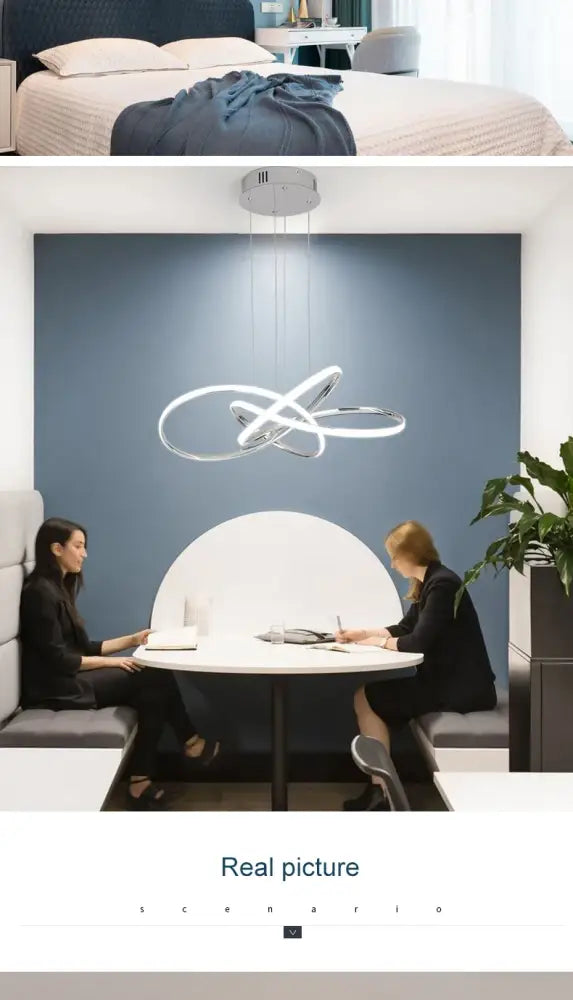 Gold ring chandelier dimmable by Decorbites in a modern meeting room with blue accent wall on Tampa Home & Garden Store