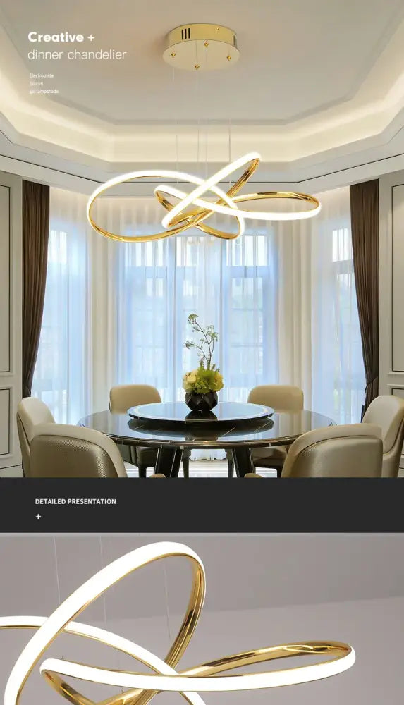 Gold Ring Chandelier Dimmable with warm gold interlocking rings over a round dining table on Tampa Home & Garden Store