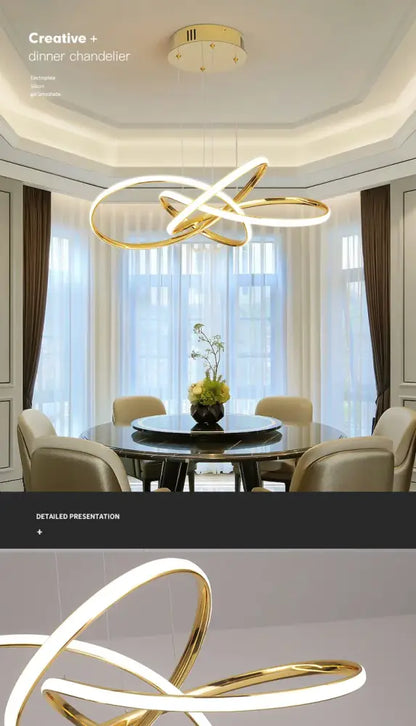 Gold Ring Chandelier Dimmable with warm gold interlocking rings over a round dining table on Tampa Home & Garden Store