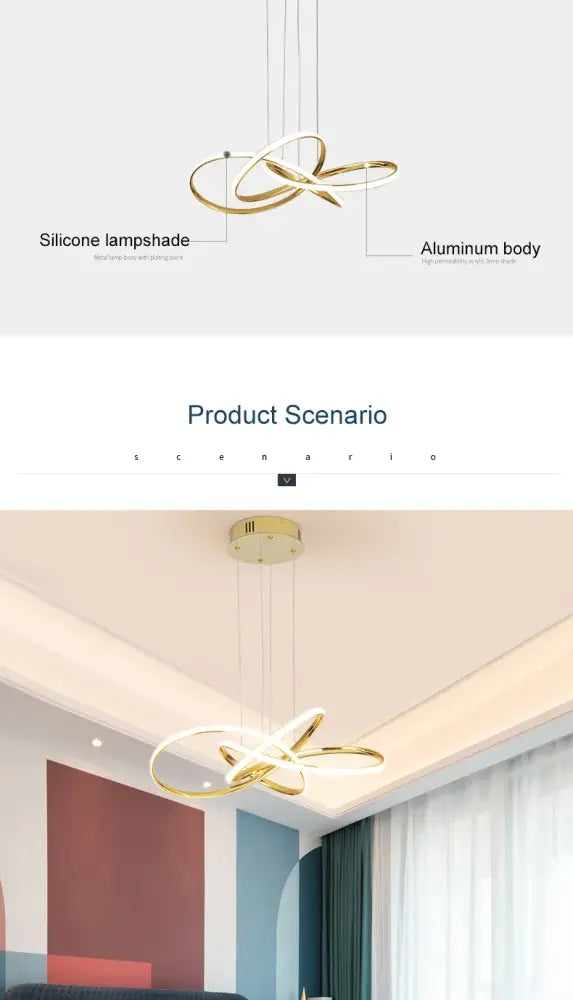 Gold ring chandelier by Decorbites, aluminum body, dimmable pendant with looping rings on Tampa Home & Garden Store