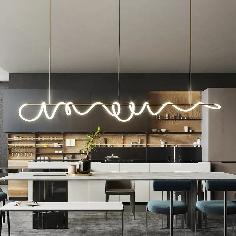 Gold Nordic ceiling chandelier by Decorbites in a modern kitchen, sculptural neon pendant lighting on Tampa Home & Garden Store