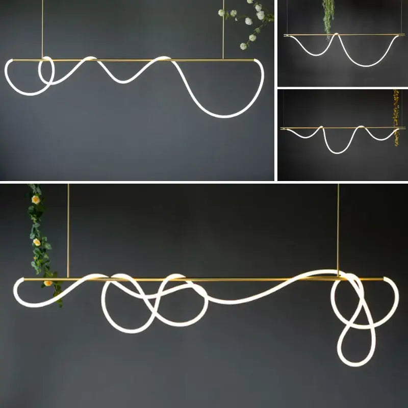 Gold Nordic Ceiling Chandelier by Decorbites with looping white light tubes on a gold rod on Tampa Home & Garden Store