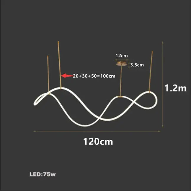 Gold Nordic Ceiling Chandelier with gold suspension rods and a wave LED strand, 120cm long on Tampa Home & Garden Store