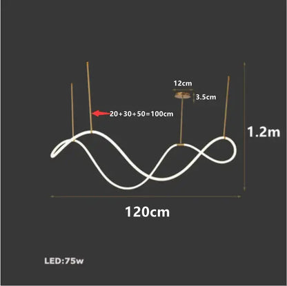 Gold Nordic Ceiling Chandelier with gold suspension rods and a wave LED strand, 120cm long on Tampa Home & Garden Store