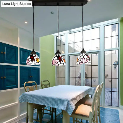 Dragonfly pink & orange art glass dining room pendant lights, 3-light stained-glass fixtures on Tampa Home & Garden Store