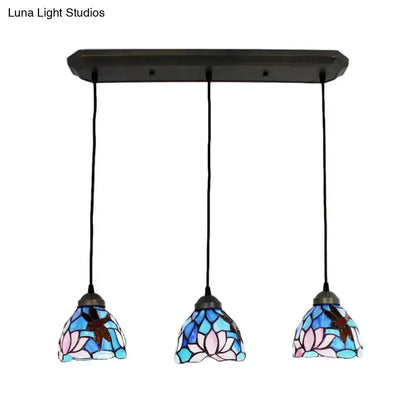 Dragonfly pink & orange art glass pendant light trio with blue pink stained glass shades on Tampa Home & Garden Store