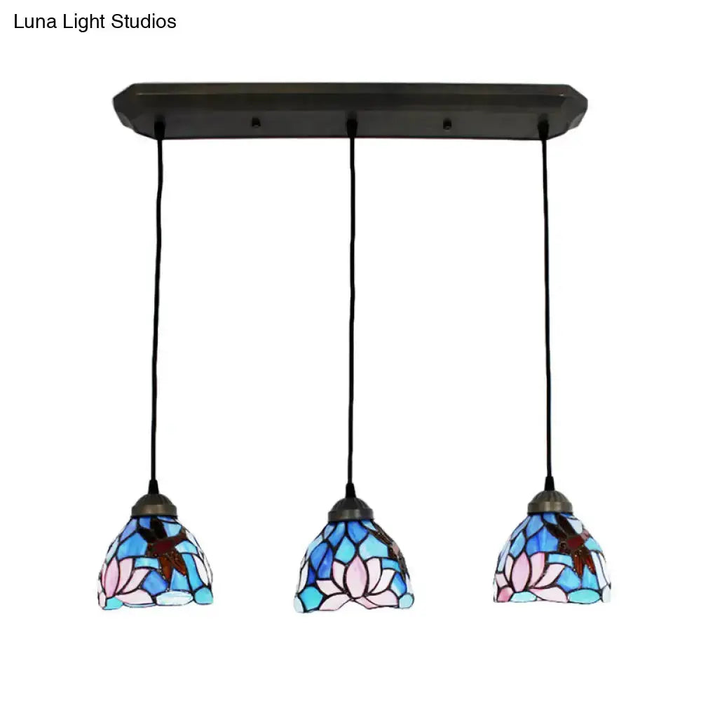 Dragonfly pink & orange art glass dining pendant light with three stained glass shades on Tampa Home & Garden Store