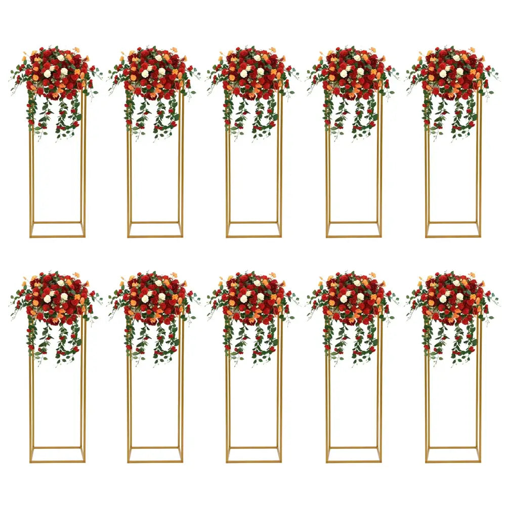 Gold wedding flower stand set of 10 by Decorbites with red-orange blooms and ivy on Tampa Home & Garden Store