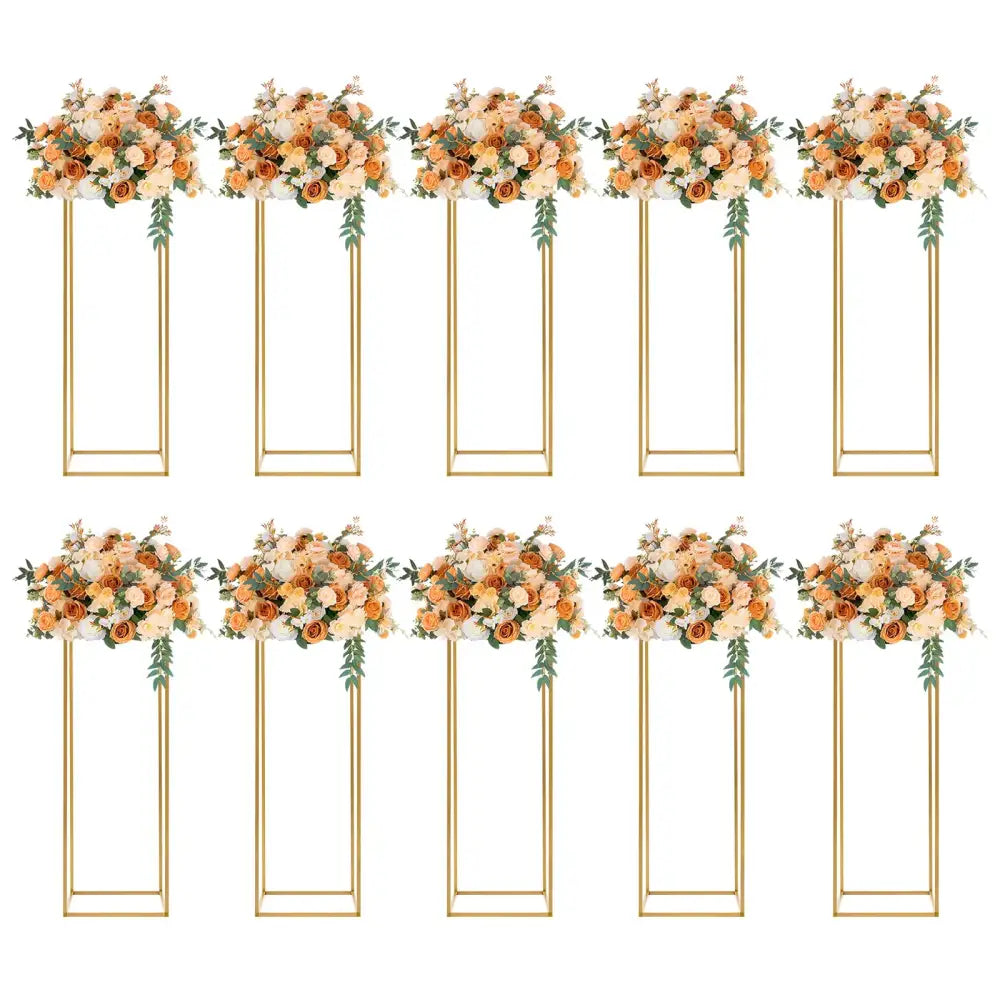 Gold wedding flower stands set of 12 with peach and cream roses, greenery, gold metal frames on Tampa Home & Garden Store