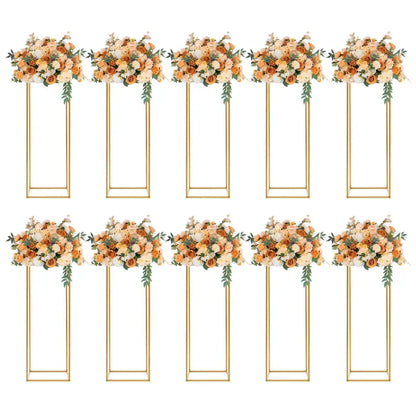Gold wedding flower stands set of 12 with peach and cream roses, greenery, gold metal frames on Tampa Home & Garden Store