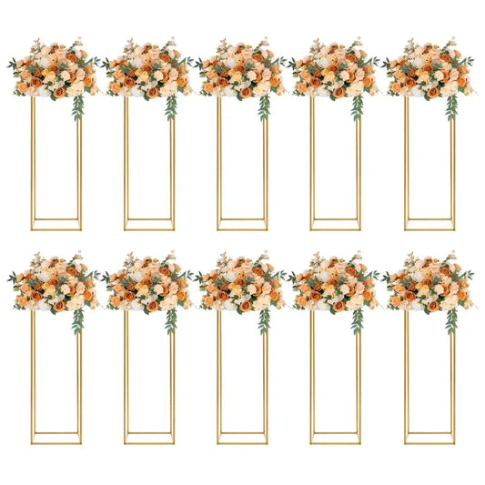 Gold wedding flower stands set of 12 with peach and cream roses, greenery, gold metal frames on Tampa Home & Garden Store