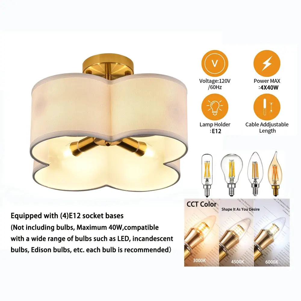 Gold 4-Light Ceiling Fixture by Decorbites, flush-mount light with cream fabric shade on Tampa Home & Garden Store