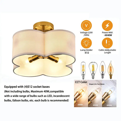 Gold 4-Light Ceiling Fixture by Decorbites, flush-mount light with cream fabric shade on Tampa Home & Garden Store