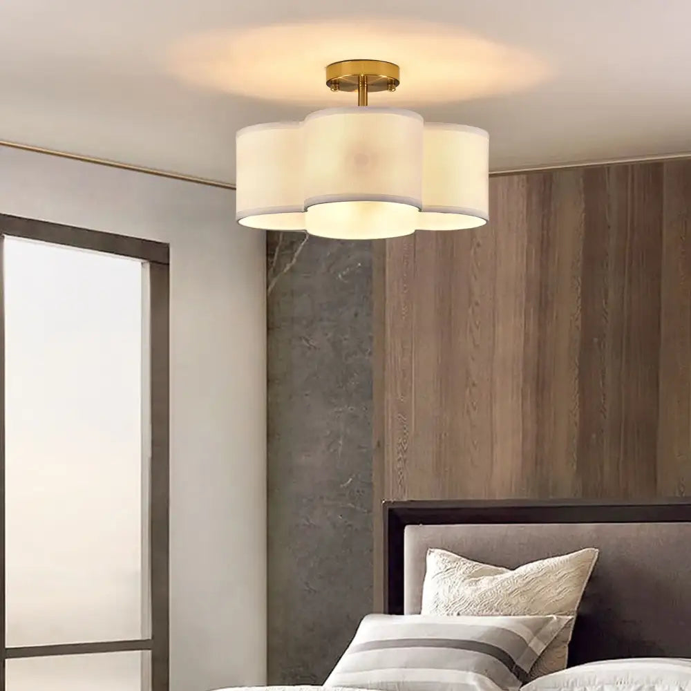 Gold 4-Light Ceiling Fixture flush mount with brass finish and white drum shades Decorbites on Tampa Home & Garden Store