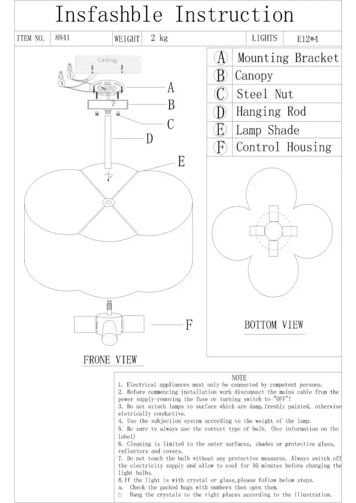 Gold 4-Light Ceiling Fixture flush-mount instruction diagram with mounting bracket, front view on Tampa Home & Garden Store