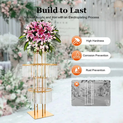 Gold acrylic flower stand with crystal prism tiers and pink bouquet by Decorbites on Tampa Home & Garden Store