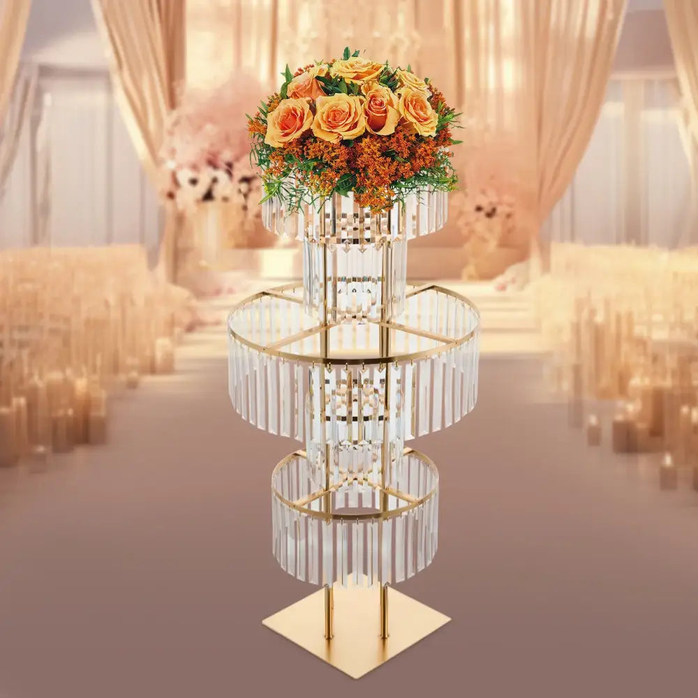 Gold acrylic flower stand vase with crystal tiers and yellow-orange rose bouquet Decorbites on Tampa Home & Garden Store