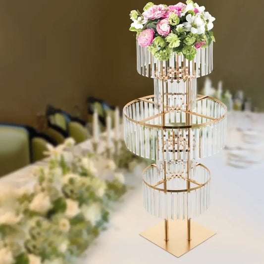 Gold acrylic flower stand with crystal rod columns and tiered rings topped bouquet Decorbites on Tampa Home & Garden Store