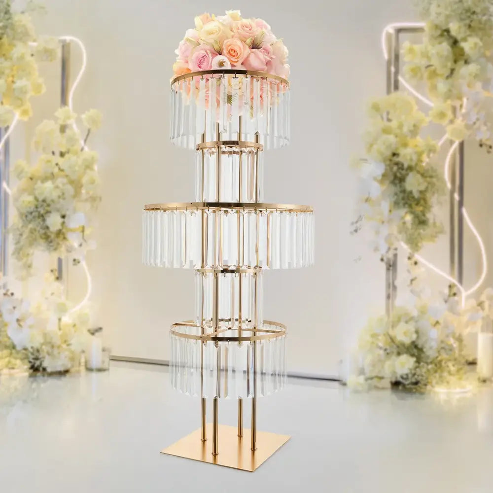 Gold acrylic flower stand vase by Decorbites with crystal fringe and pink bouquet on top on Tampa Home & Garden Store