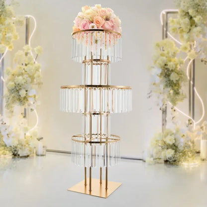 Gold acrylic flower stand vase by Decorbites with crystal fringe and pink bouquet on top on Tampa Home & Garden Store