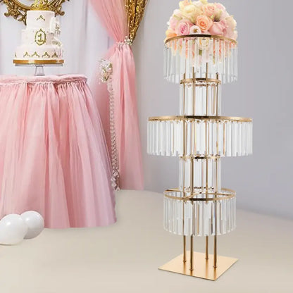 Gold Acrylic Flower Stand with tiered crystal fringe and pink bouquet top on Tampa Home & Garden Store