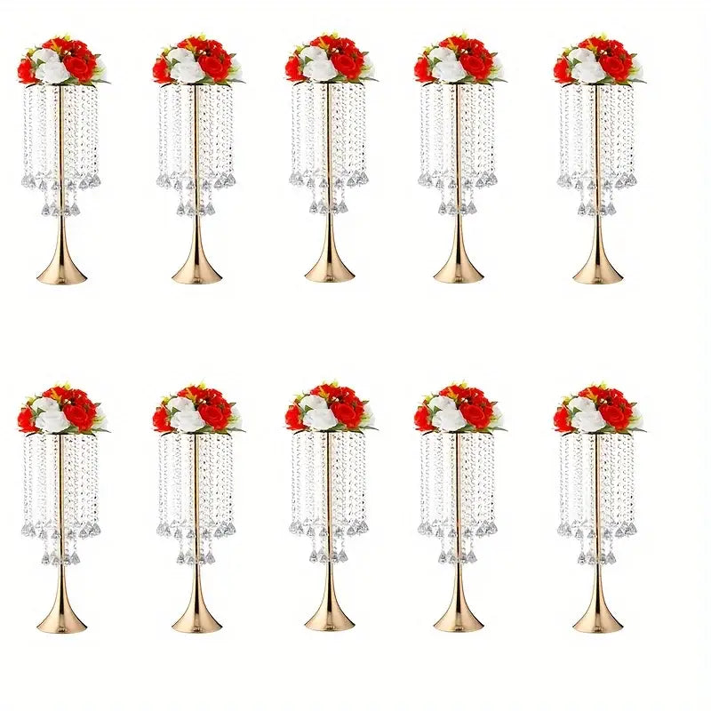 Gold Crystal Flower Stand vases set of 10 with crystal garlands and red-white bouquets on Tampa Home & Garden Store