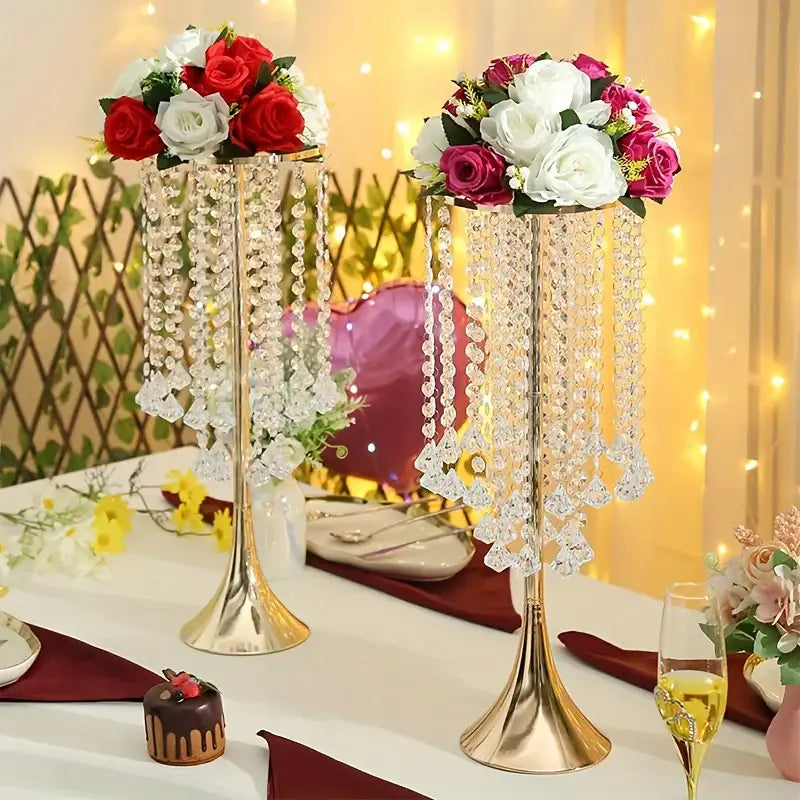 Decorbites gold crystal flower stand vases (pair) with bead garlands and red and white bouquets on Tampa Home & Garden Store