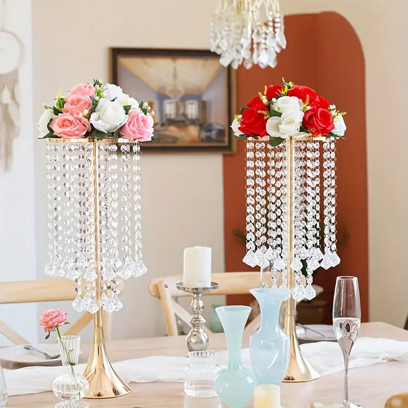 Decorbites gold crystal flower stand vases, pair with fringe and pink/white and red/white roses on Tampa Home & Garden Store