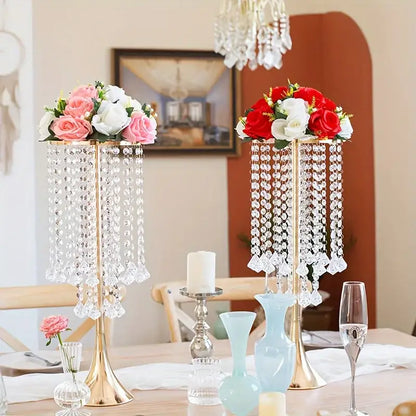 Decorbites gold crystal flower stand vases, pair with fringe and pink/white and red/white roses on Tampa Home & Garden Store