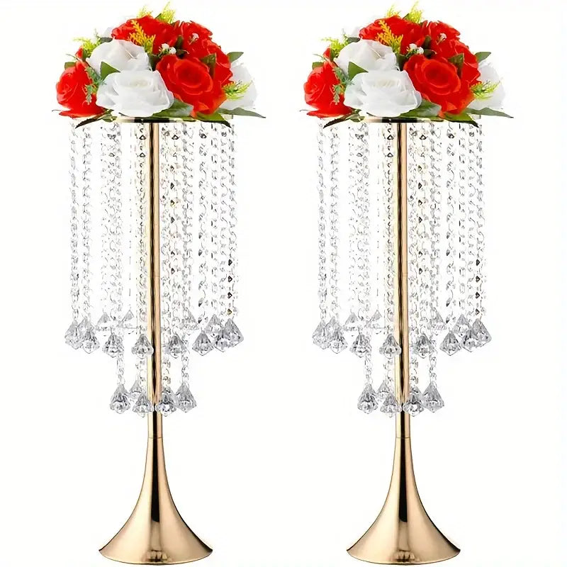 Gold Crystal Flower Stand vases by Decorbites, gold base with crystal strands, 2-pack on Tampa Home & Garden Store