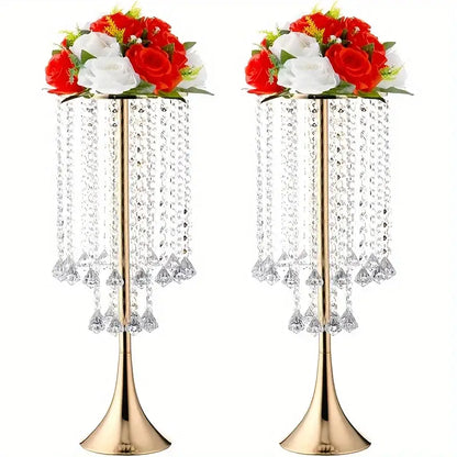 Gold Crystal Flower Stand vases by Decorbites, gold base with crystal strands, 2-pack on Tampa Home & Garden Store