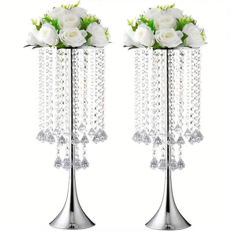 Gold Crystal Flower Stand pair vases with cascading crystal bead strands and white roses on Tampa Home & Garden Store