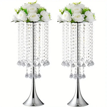 Gold Crystal Flower Stand pair vases with cascading crystal bead strands and white roses on Tampa Home & Garden Store