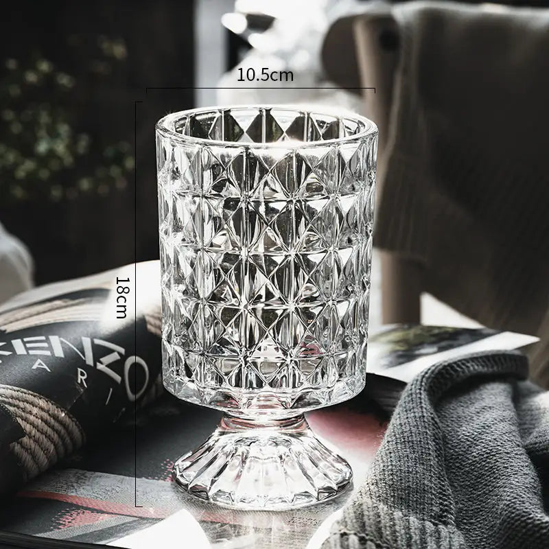 Crystal Glass Pedestal Vase by Decorbites, diamond-cut pattern, 18 cm tall, 10.5 cm diameter on Tampa Home & Garden Store