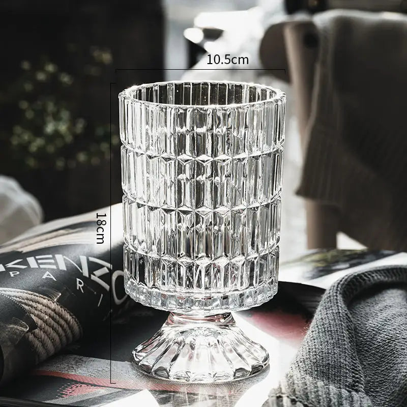 Crystal Glass Pedestal Vase by Decorbites, clear ribbed glass, 18cm tall on Tampa Home & Garden Store