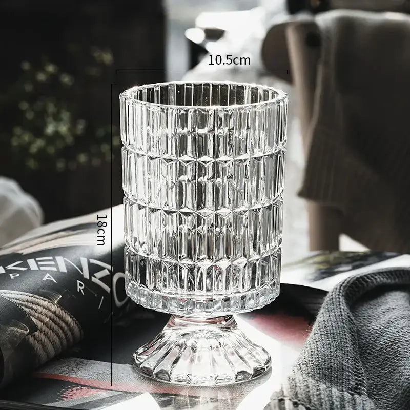 Crystal Glass Pedestal Vase Decorbites, clear ribbed glass with a pedestal base on Tampa Home & Garden Store