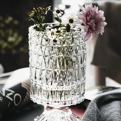 Crystal Glass Pedestal Vase Decorbites, diamond-cut crystal texture, holds daisies on Tampa Home & Garden Store