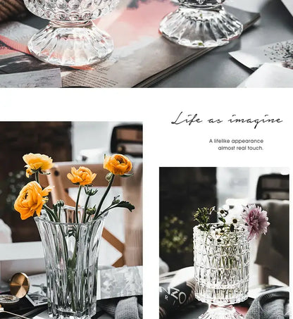 Crystal Glass Pedestal Vase set by Decorbites; two clear faceted vases with orange ranunculus on Tampa Home & Garden Store